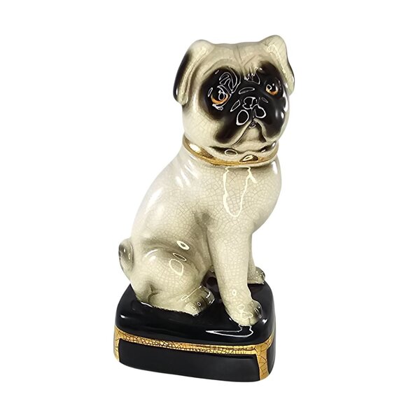 Vintage Takahashi Ceramic Pug Figurine Single Bookend Crackle Glaze Finish